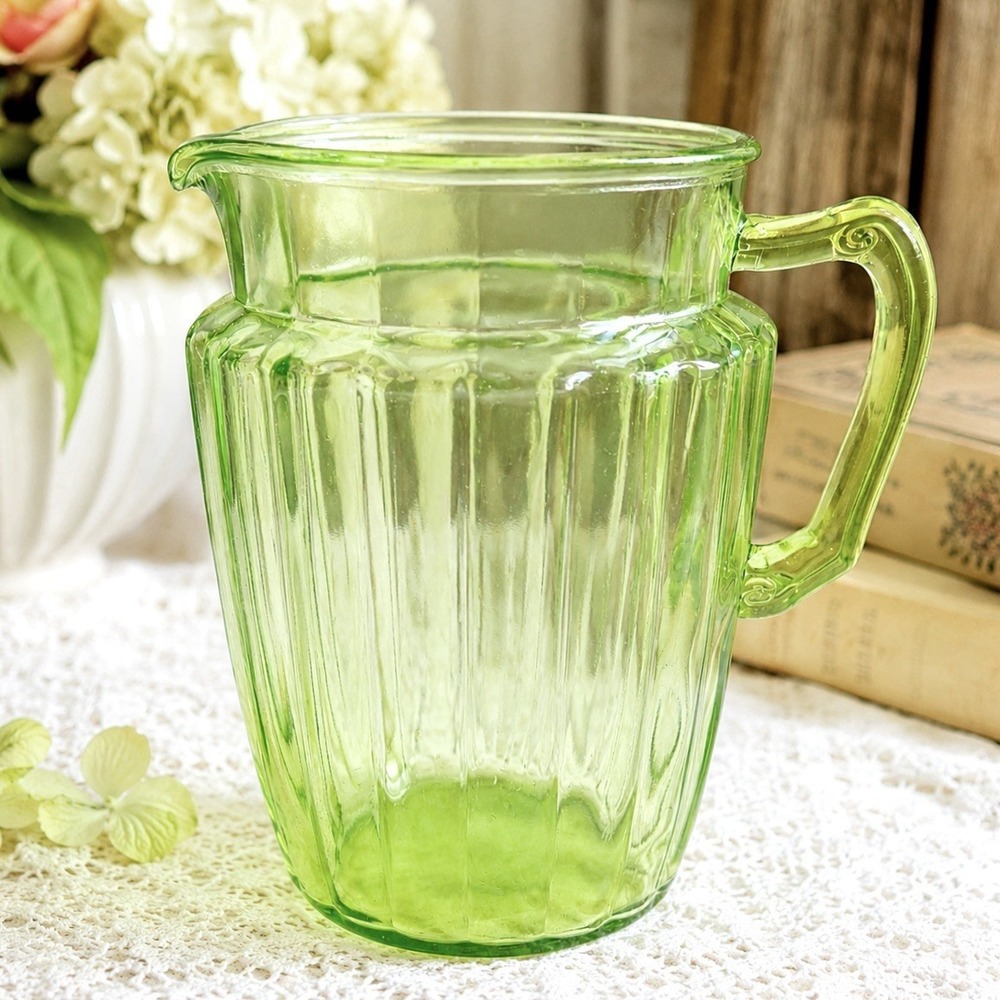 Vintage Anchor Hocking Pillar Optic Uranium Green Glass Pitcher 8" Ribbed 80 Oz